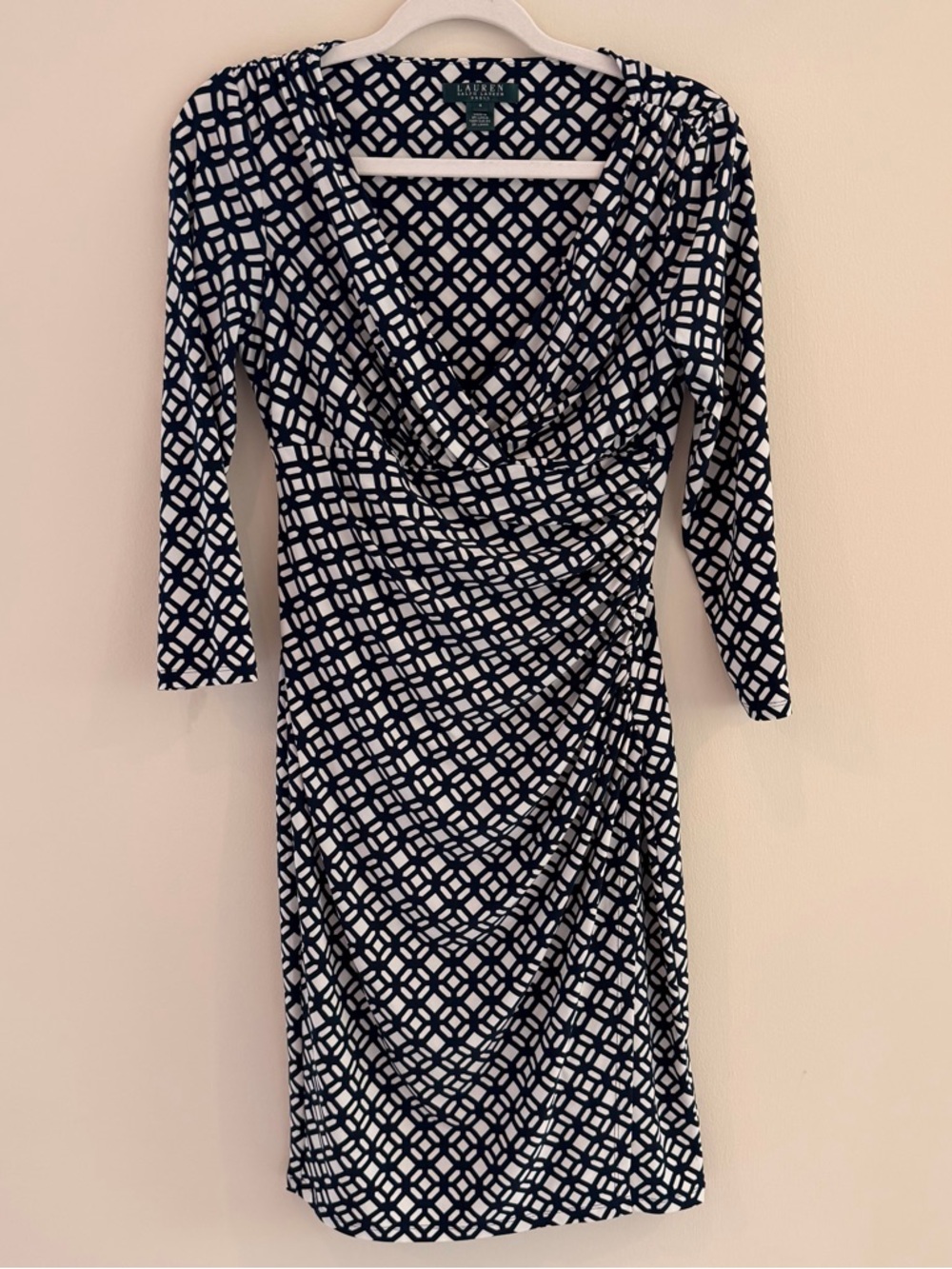 Ralph Lauren Navy and White Geometric Long-Sleeve Stretchy Dress